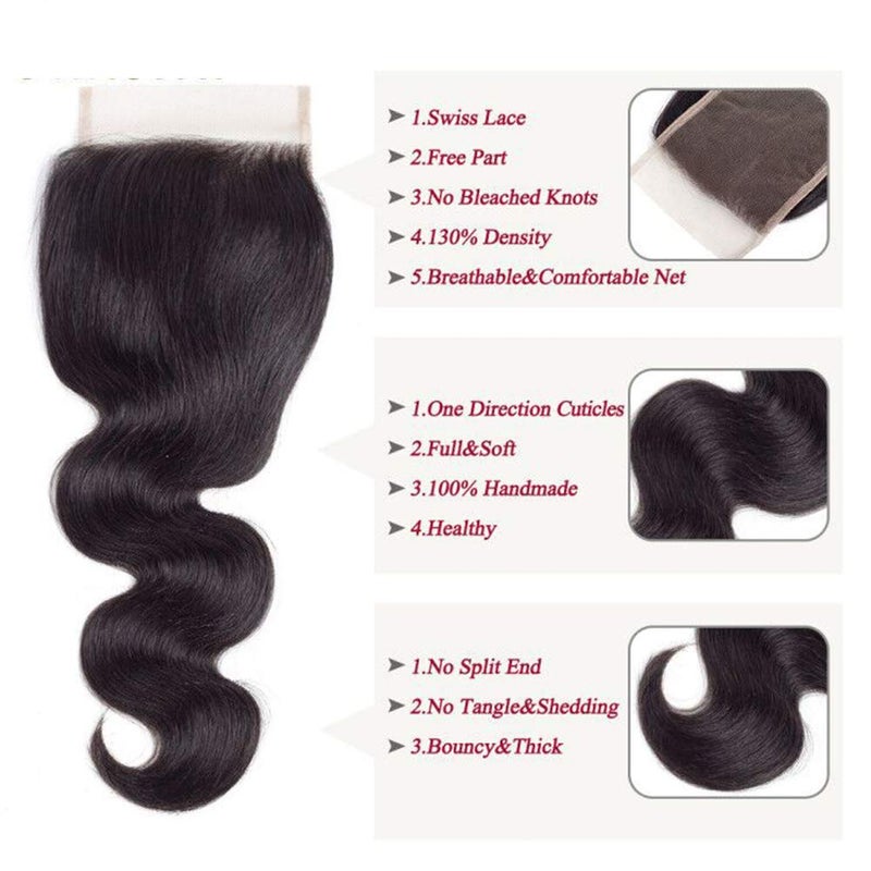 Amella Brazilian Body Wave Hair Bundles 100% Unprocessed Virgin Remy with Closure (18" 20" 22" + Free 16") - Image 5